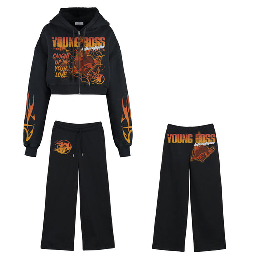 Black “Caught in your love” crop top sweatsuit (Women)