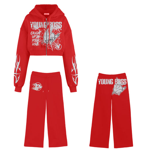 Red  “Caught in your love” crop top sweatsuit (Women)